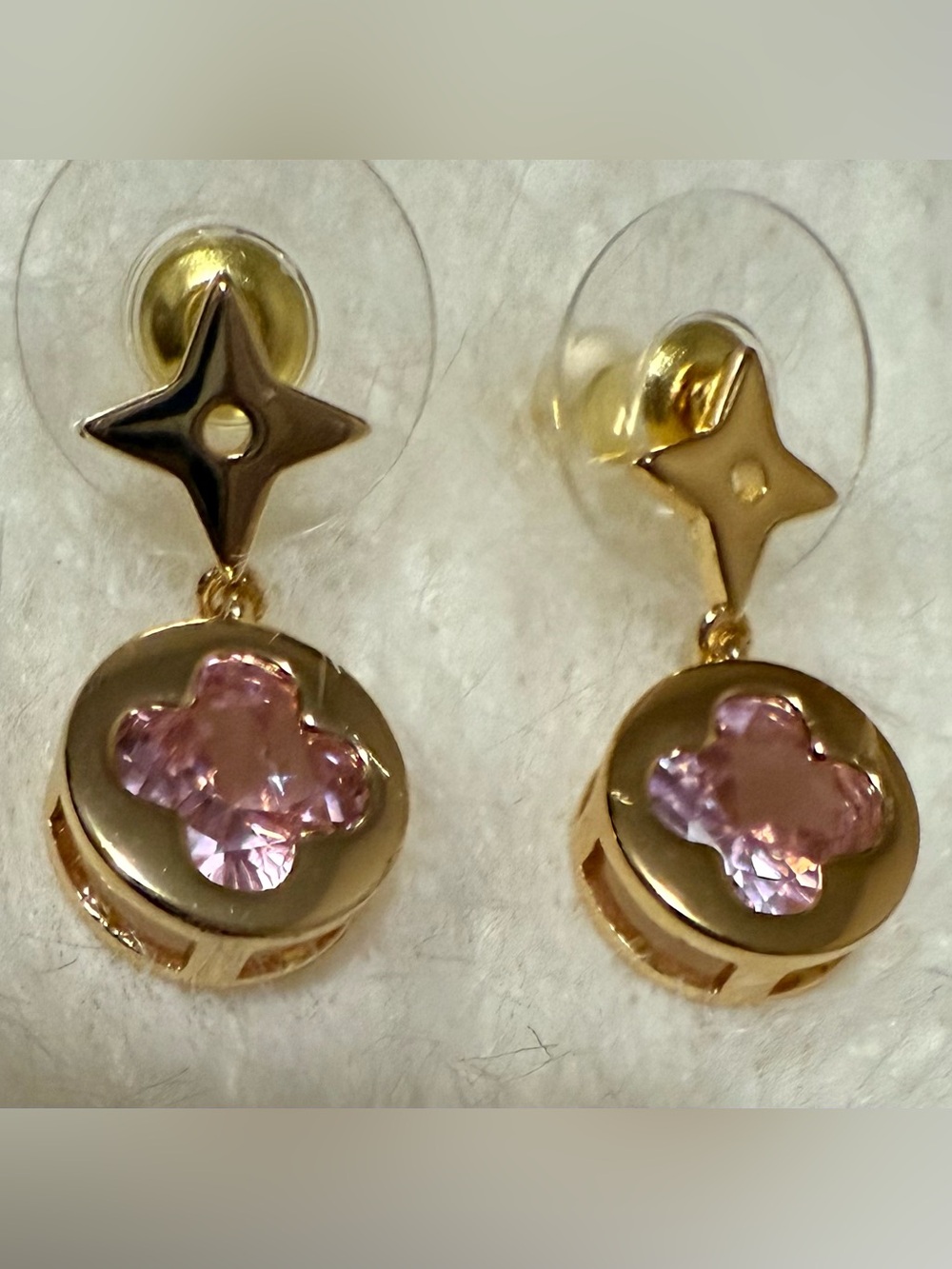 Designer Style Pink Clover Cubic Zirconia Gold-Tone Drop Earrings